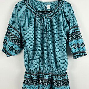 Blancheporte Top Blouse Size XL Blue 3/4 Raglan Peasant Sleeve Scoop Neck Polyes